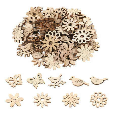 Recardis 100pcs Flowers Birds Shape Wooden Slices Unfinished Wood Ornaments for DIY Crafts (Mixed Style)