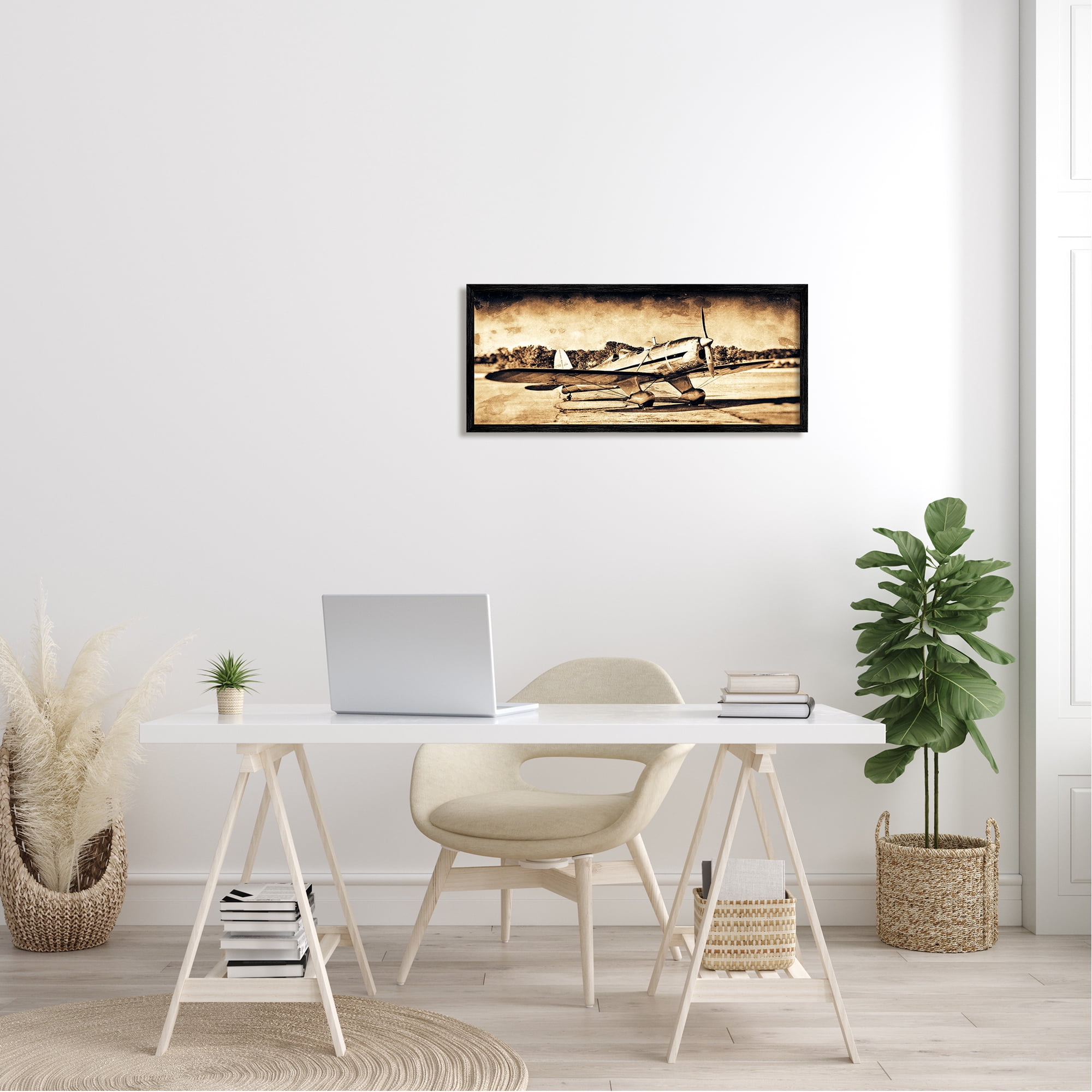 Stupell Industries Vintage Propeller Airplane Aircraft Sepia Photography Framed Wall Art, 30 x 13, Design by John Slemp