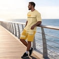 thumbnail image 4 of Havenx 2 Piece Outfit for Men Short Sleeve Crewneck Shirts Drawstring Elastic Waist Shorts with Pockets Color Block Sets Breathable Athletic Summer Beach Vacation Wear,Yellow L, 4 of 6