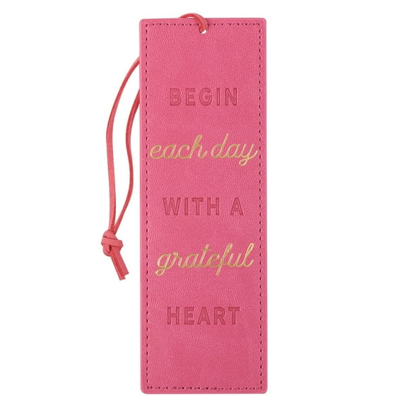 With Love Pink Faux Leather Bookmark for Women, Begin Each Day w/a Grateful Heart Debossed Design w/Gold Accents/Pink Cord Tassel, Inspirational Encouraging Book Accessory for Booklovers