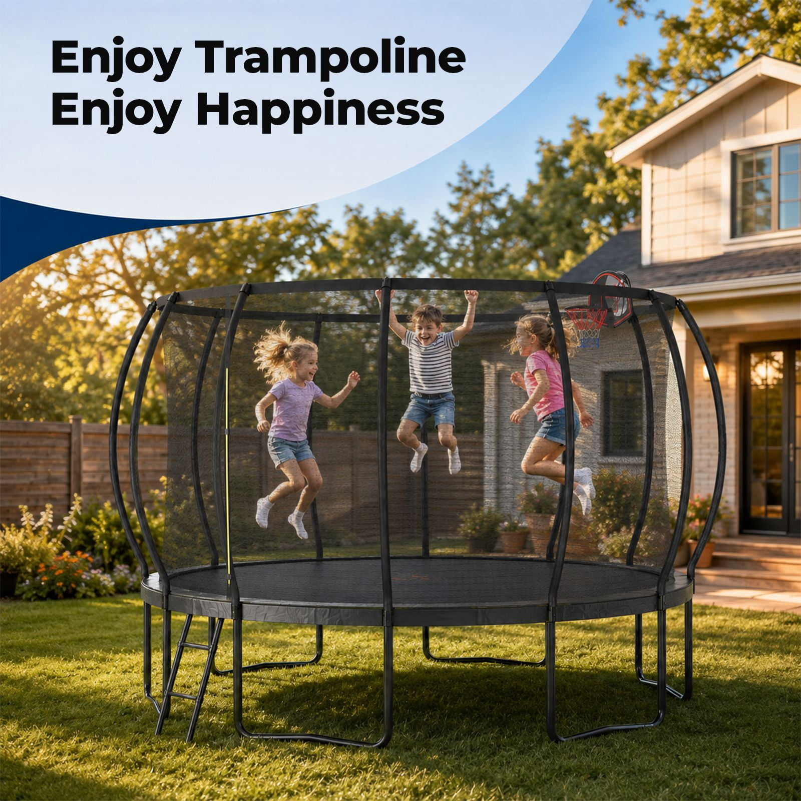 Alvantor 14Ft Trampoline for Kids & Adults, Pumpkin Trampoline with Enclosure Net and Ladder for Backyard Black Red