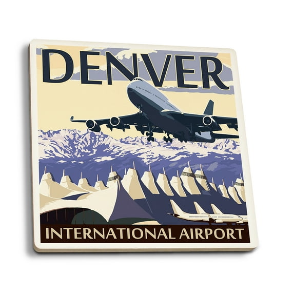Lantern Press Ceramic Coaster Set, Denver, Colorado, Airport View, Cork Back, Absorbent, Unique Art