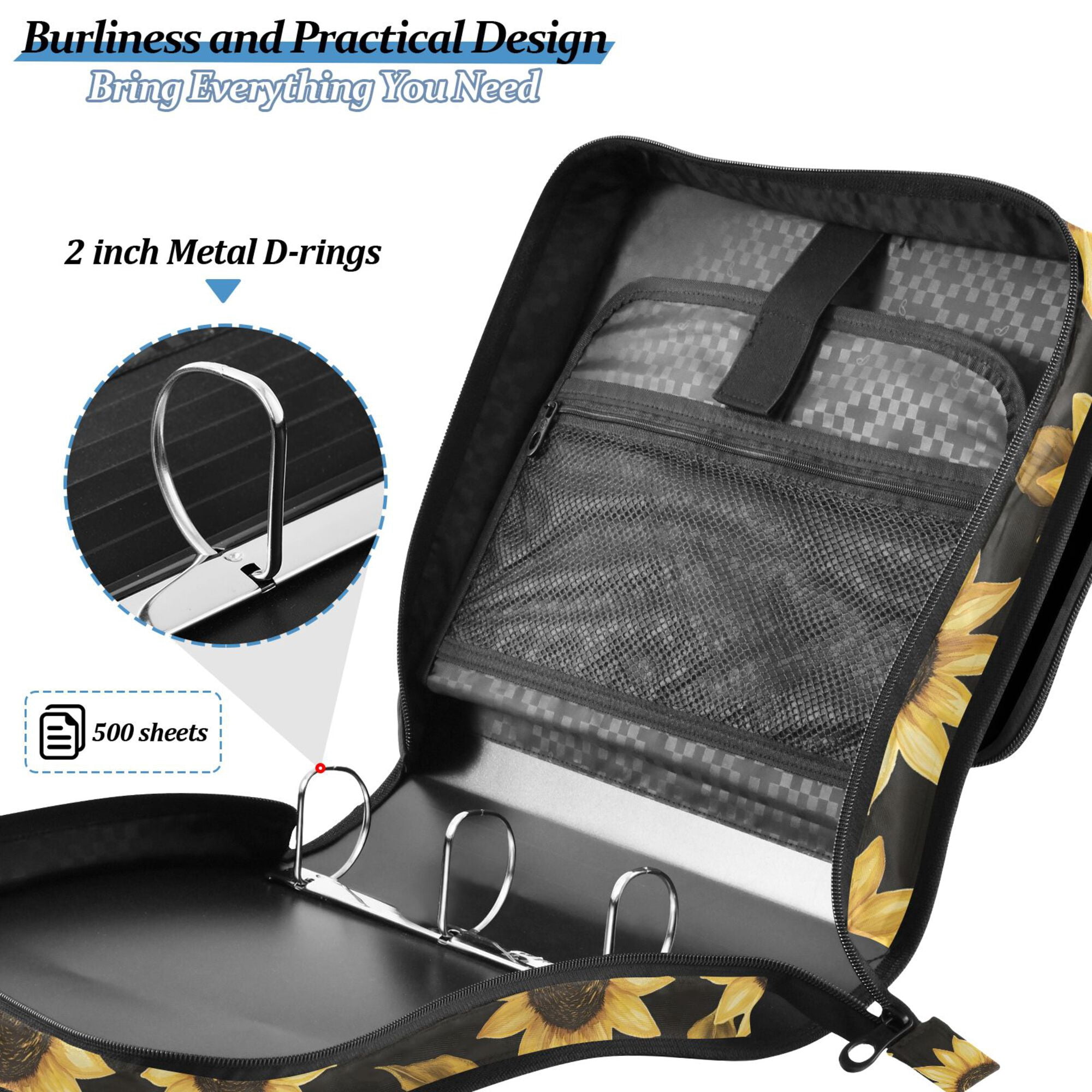 FORMRS Zipper Binder with Shoulder Strap 2-inch Ring 500 Sheet Capacity File Bag, Black Sunflower Pattern