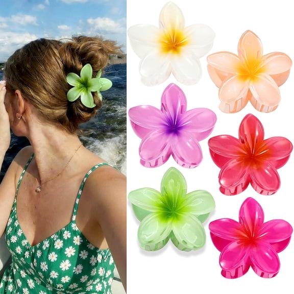6pcs Flower Hair Claw Clips, Hawaiian Large Flower Claw Clips for Thick or Thin Hair Strong Non-slip Hibiscus Hair Clip Tropical Beach Hair Accessories for Women Girls