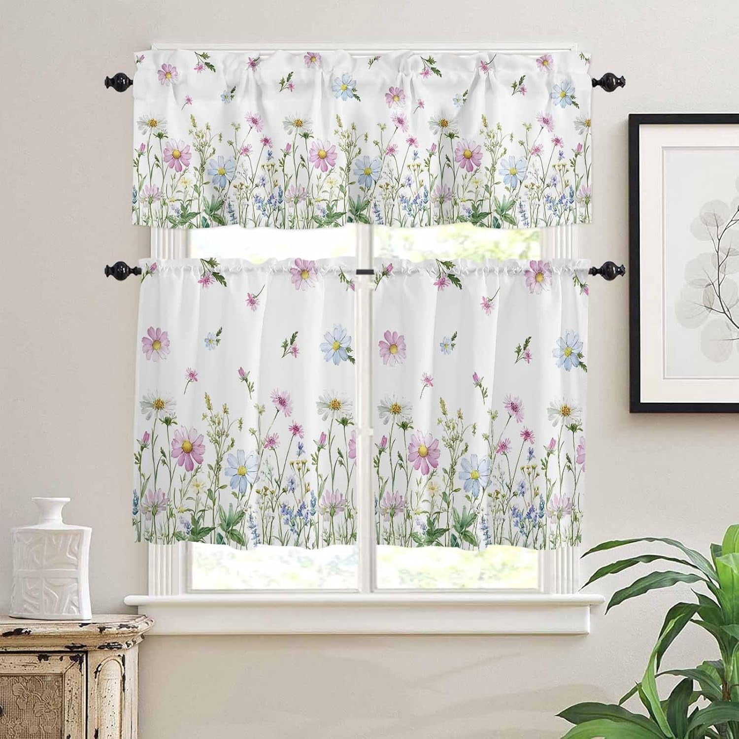 Flower Green Kitchen Curtains, Blue Pink Daisy Wildflower Floral Botanical 3-Piece Kitchen Curtain Valance and Tiers Set 36 Inch Length, Rod Pocket Half Window Curtains for Cafe Living Room Bathroom