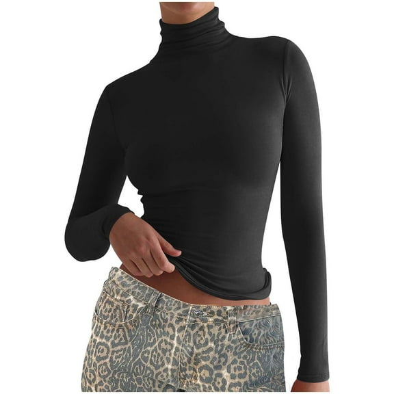 Htigea Women's Base Layer Tops Basic Turtleneck Long Sleeve Stretch Slim Fit Everyday Pullover Shirts Black 2XL