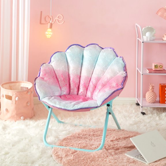 Justice Faux Fur Scallop Folding Saucer Chair with Holographic Trim, Multiple Colors
