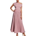 thumbnail image 1 of Vestido largo informal liso con hombros descubiertos y bolsillos, poliéster spandex, corte holgado, tallas S-XL, 1 of 4