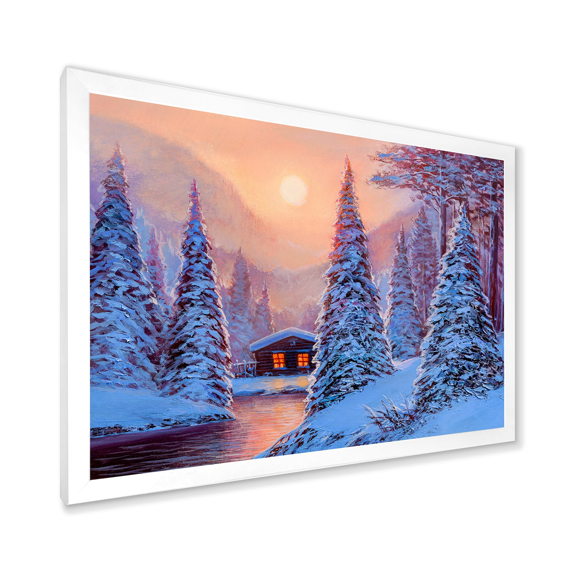 Designart 'The River House In The Woods and Winter Landscape I' Lake House Framed Art Print