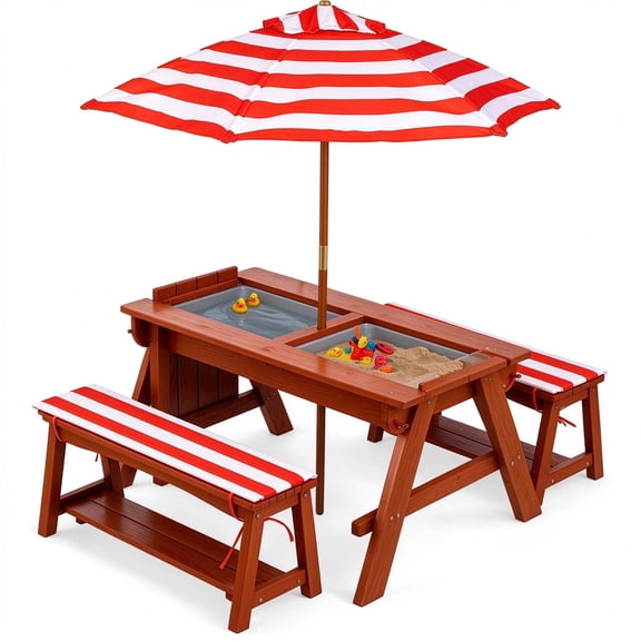 BRINJOY Kids Picnic Table with Umbrella, Outdoor Wooden Table & Bench Set w/Cushions & 2 Removable Boxes, 4-in-1 Children Sand and Water Activity Table for Patio, Garden, Backyard