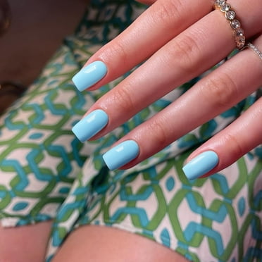 Summer Glossy Baby Blue Press on Nails Medium Short Square, Salon Like Coffin Fake Nails Glue on, Stick on Nails for Women,Natural Press-on Nails for Gails 24PCS Cute Blue 0.04 Ounce (Pack of 24)