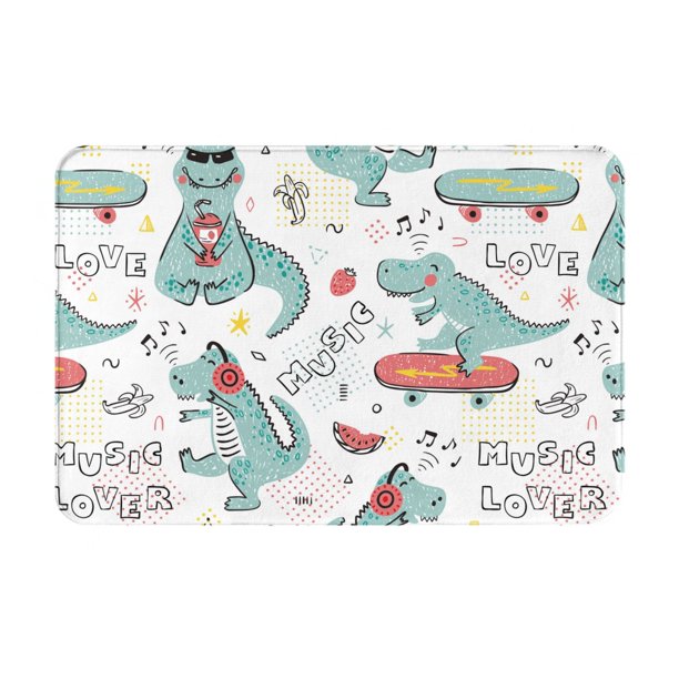 Balery Music Lover Dinosaur Felpudo de franela, resistente a las manchas y a la decoloración, para uso interior y exterior, fácil de limpiar, 40 x 60 cm