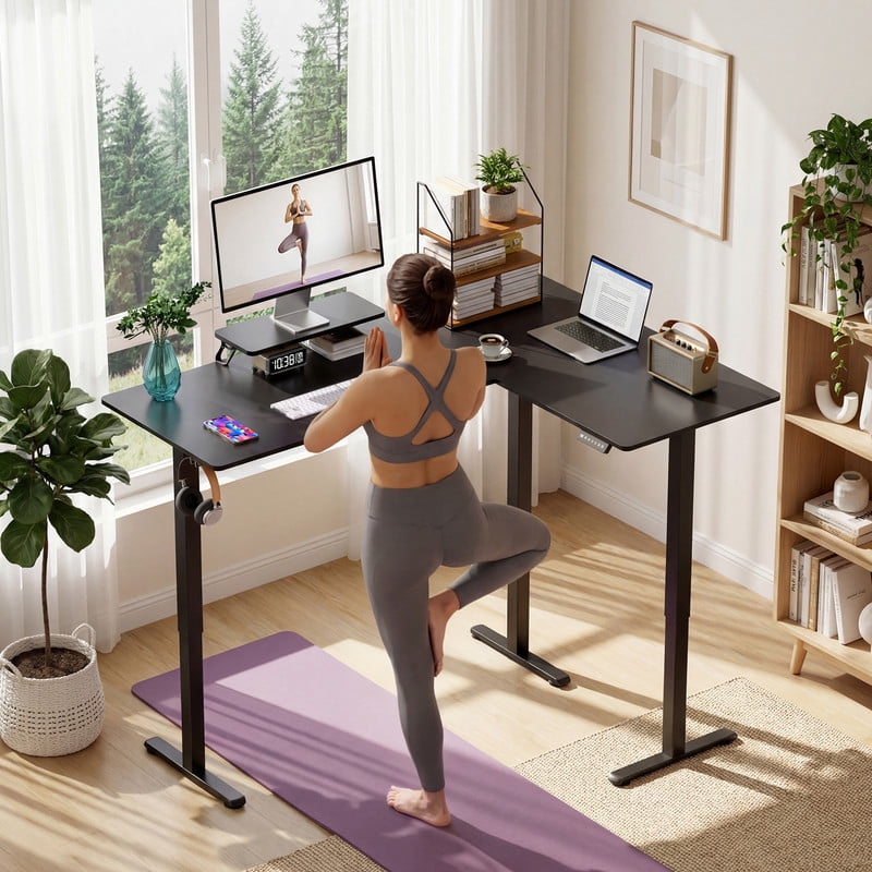 Homall L-Shaped Electric Standing Desk with Monitor Stand, 63 x 48 inch Height Adjustable Sit Stand Corner Desk, Computer Workstation for Home Office, Black