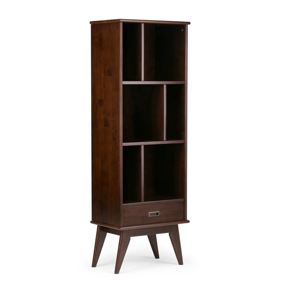 Simpli Home Draper 64 inch x 22 inch Solid Wood Mid Century Modern Bookcase and Storage Unit in Medium Auburn Brown