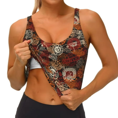 Qokaie Coffee Stamp Pattern Womens Scoop Neck Sports Bra Breathable Workout Vest Padded U Back Medium Impact Fitness Gym Yoga Bra Workout Crop Top