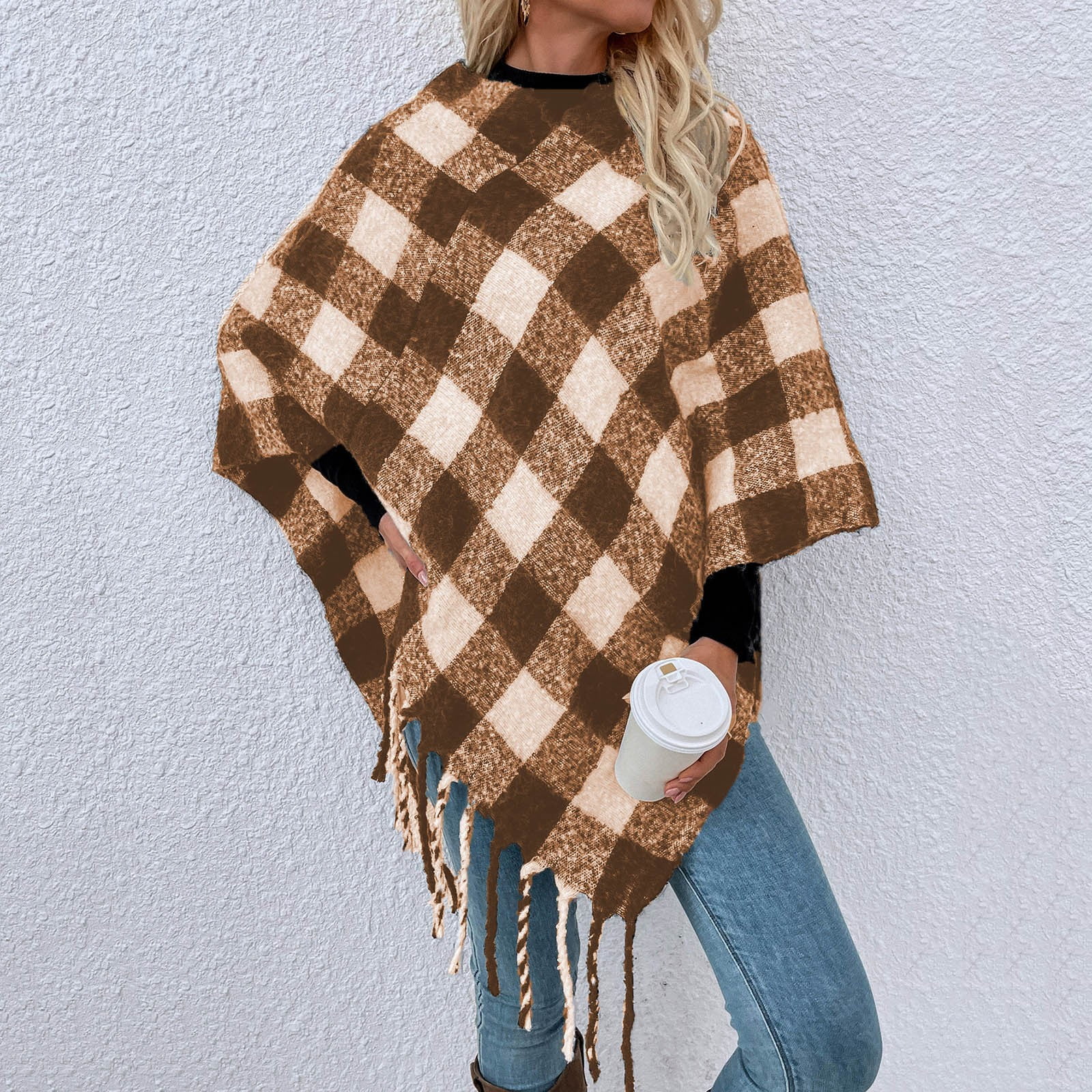gvdentm Cardigan Sweater Open Front WoWomen Houndstooth Fringe Shawl Sweater  Cape Knit Jacket Pullover Fashion Coat