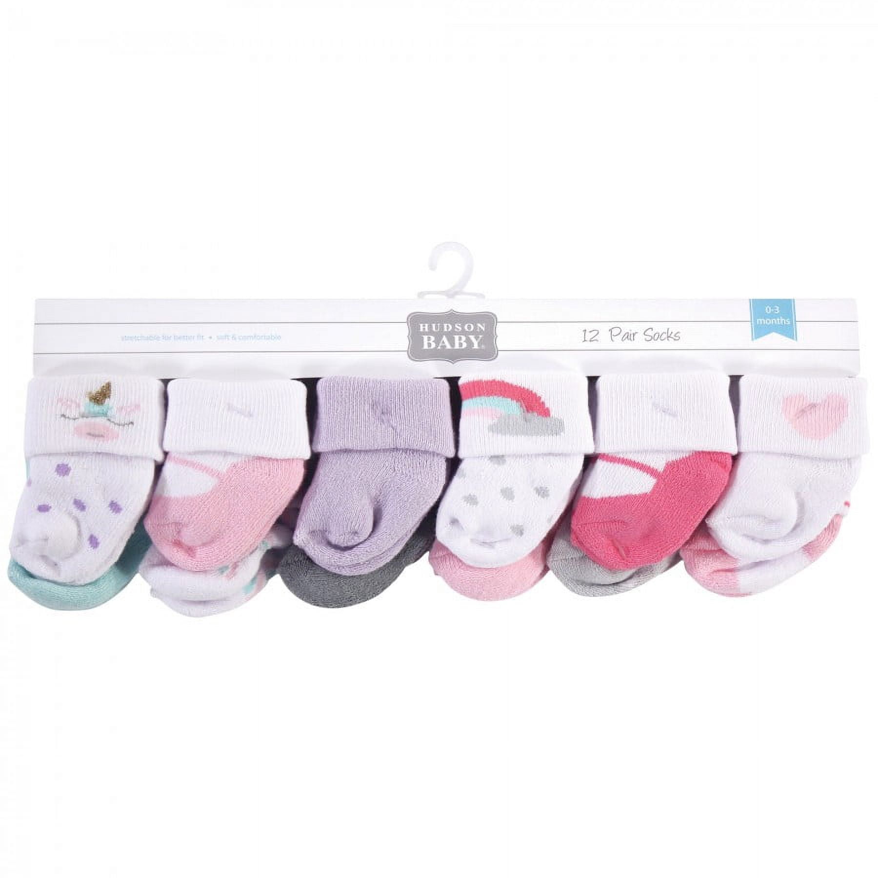 Hudson Baby Infant Girl Cotton Rich Newborn and Terry Socks, Unicorn, 0-3 Months