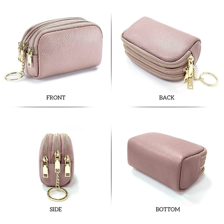 Women Leather Coin Purse, Small 3 Zippered Change Pouch Wallet