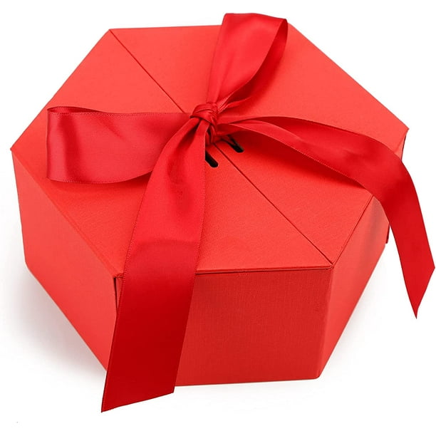 Boîte cadeau, boîte hexagonale grande boîte cadeau rouge avec couvercle  ruban et couvercle, grande boîte de Noël pouvant contenir des cadeaux. 