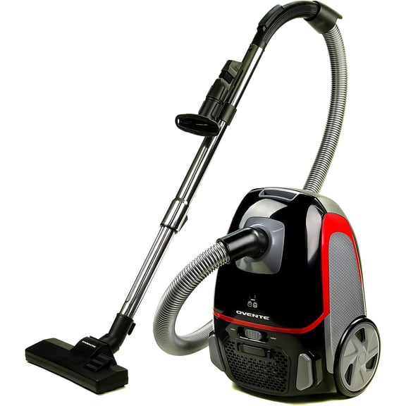 OVENTE Canister Upright Vacuum Cleaner with 1400W Powerful Suction, Telescoping Wand and Automatic Cord Rewind, Lightweight Cleaning Machine for Hard Floors and Carpets, Black ST1600B