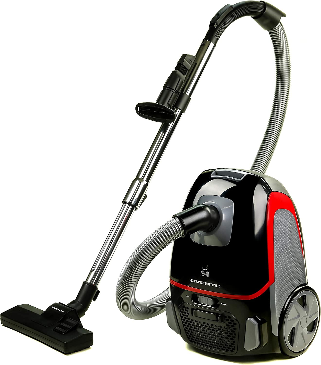 OVENTE Canister Upright Vacuum Cleaner with 1400W Powerful Suction, Telescoping Wand and Automatic Cord Rewind, Lightweight Cleaning Machine for Hard Floors and Carpets, Black ST1600B