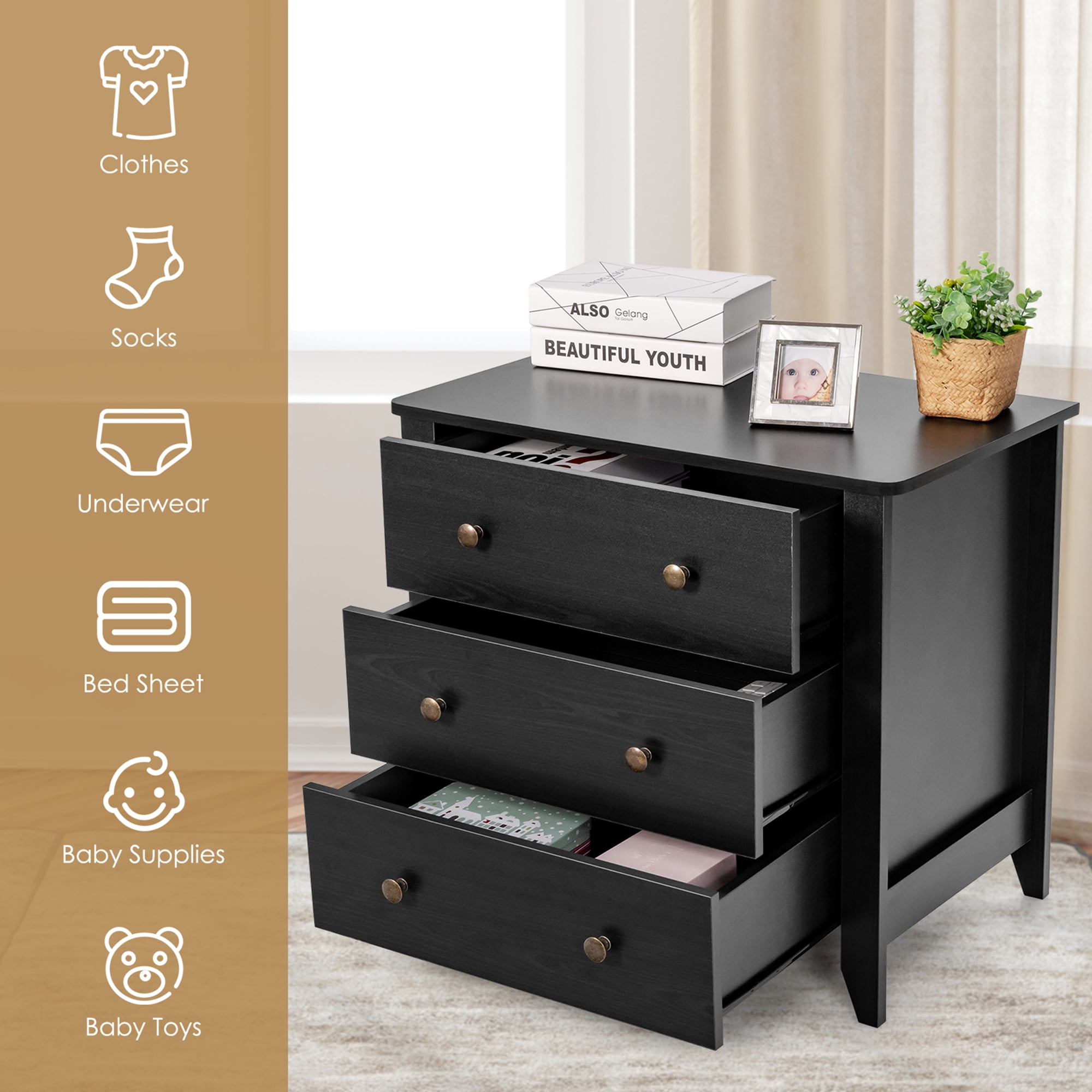 Gymax 3 Drawer Dresser Chest of Drawers Bedside Table for Living Room Bedroom Black