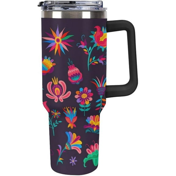 Embroidery Mexican Blossom 40oz Tumbler with Straw And Lid Cinco De Mayo Insulated Stainless Steel Travel Tumbler Coffee Cup Mug Water Bottle with Handle, Fits in Car Cup Holder