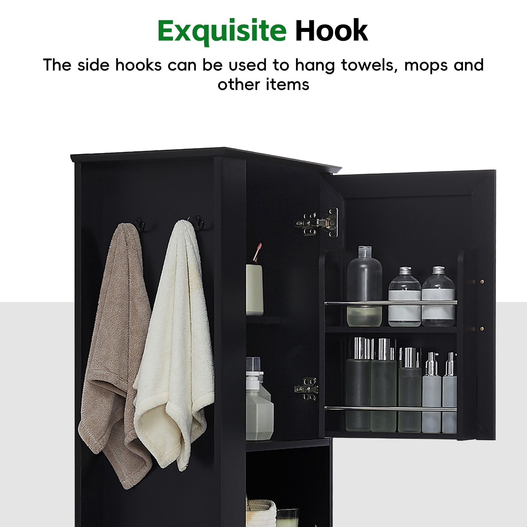Tall Bathroom Storage Cabinet, Freestanding Storage Cabinet with Hook and Adjustable Shelf, MDF Board, Black, Upper Door Cabinet with Built-in Shelf and Lower Two Drawers