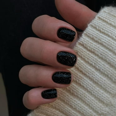 Black Glitter Press on Nails Short Nails Glue On, Iridescent Shimmer Acrylic Fake Nails with Salon UV Finish,Sparkling Gel Nails Press ons Petite,Glossy Flash Stick on Nails Short False Nails with