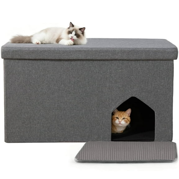 Cat Litter Box Enclosure Hidden Furniture, DOMIPET Foldable Cat Washroom Bench with Storage Space, Large Cabinet Cats Litter Ottoman for Odor Control, Dog Poof