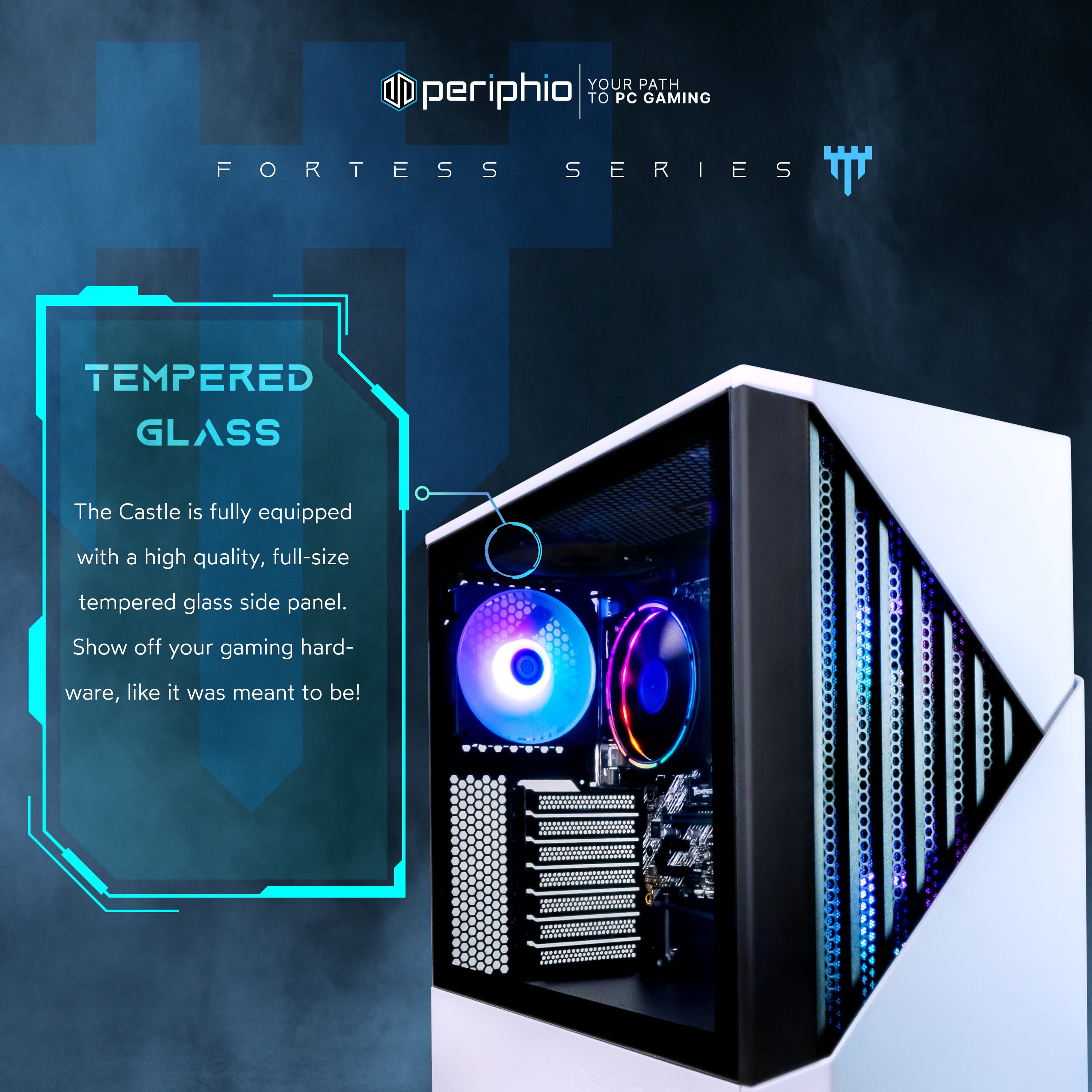 Periphio Castle Prebuilt Gaming PC - AMD Ryzen 7 5700G CPU (4.6GHz Turbo), 32GB DDR4 RGB RAM, Radeon Vega 8 Graphics, 1TB NVMe Solid State SSD, Windows 11 Gaming Computer Desktop, WiFi + BT