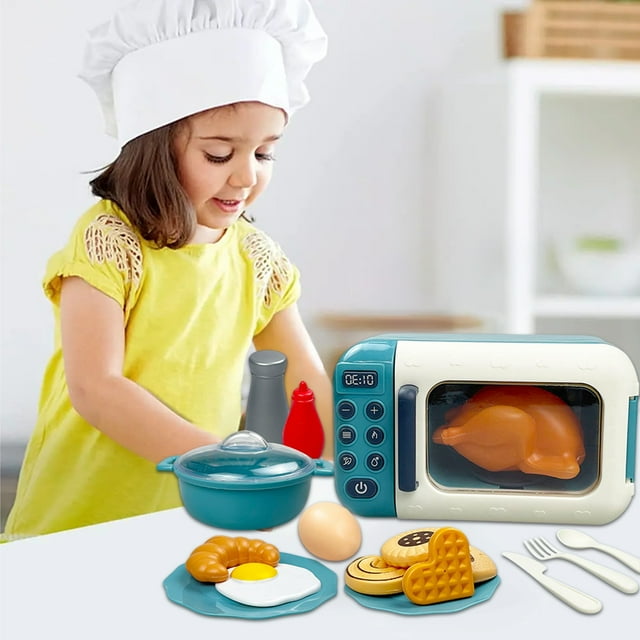 ToyKingdee Microwave Toys Kitchen Play Set, Pretend Play Electronic Oven with Play Food,Cookware Pot and Pan Toy Set, Cooking Utensils,Great Learning Kitchen Toys
