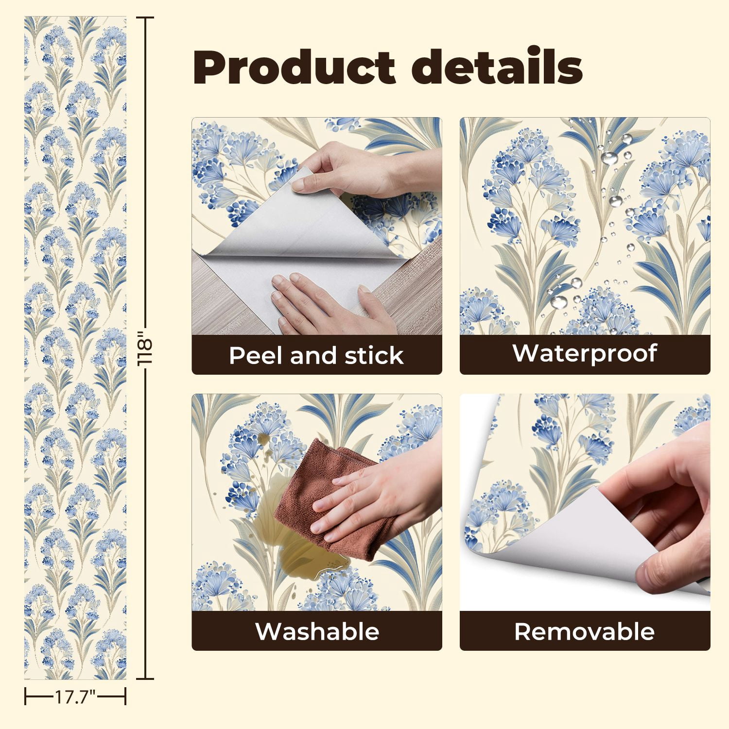 Peel and Stick Wallpaper Elegant Blue Floral Cream Wall Mural 17.7in x 9.8ft Self Adhesive Removable Wall Paper Renter Friendly Wallpaper for Bedroom Nursery Living Room