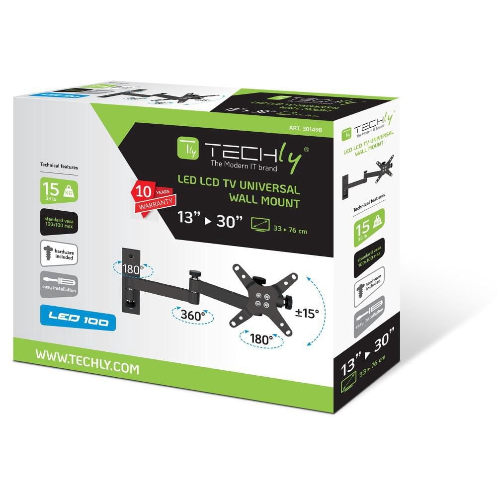 Techly 13" to 30" Tilt/Swivel LCD/LED TV Wall Mount 3 Joints Tilt +/-12° 180° Horizontally VESA up to 100x100 mm, Black