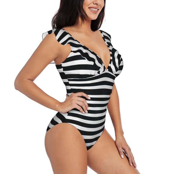 Fotbe Black And White Stripes Women's Tummy Control Swimsuits Slimming One Piece Bathing Suit Ruffle Wrap V Neck Swimwear-