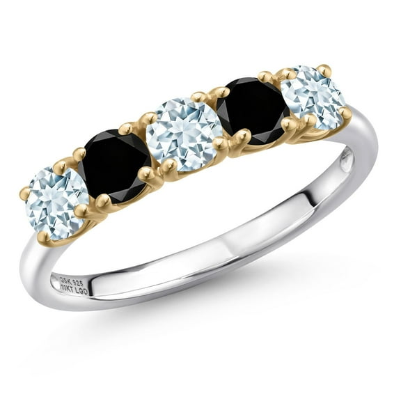 Gem Stone King 925 Silver and 10K Yellow Gold Sky Blue Aquamarine and Black Diamond Wedding-Bands Ring for Women | 1.29 Cttw | Round 4MM | Gemstone March Birthstone | Size 7