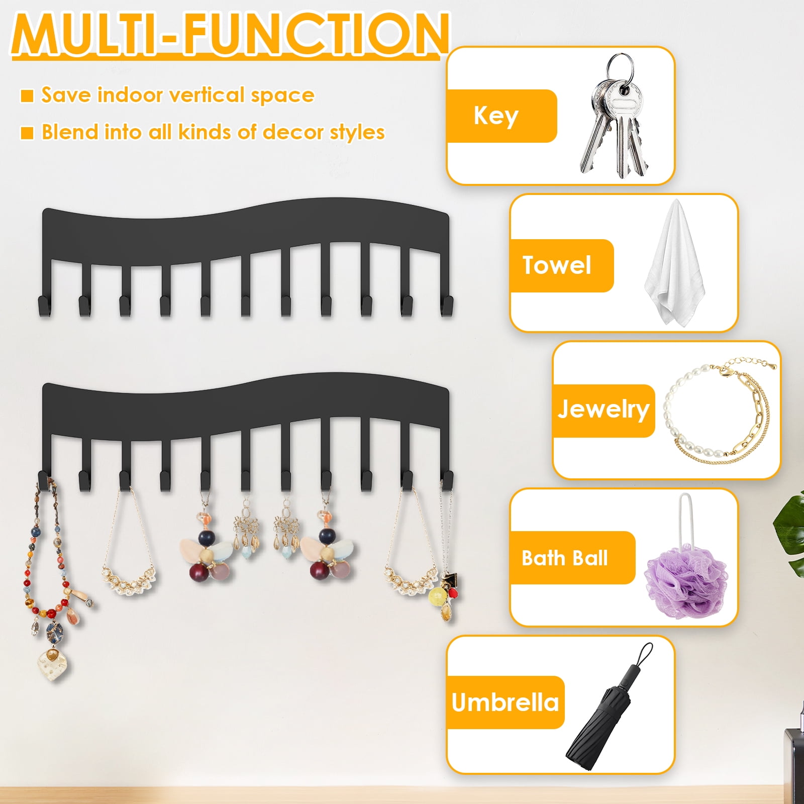 Wall Mounted Necklace Organizer Metal Jewelry Display Hanging Holder 4 Pcs (black )
