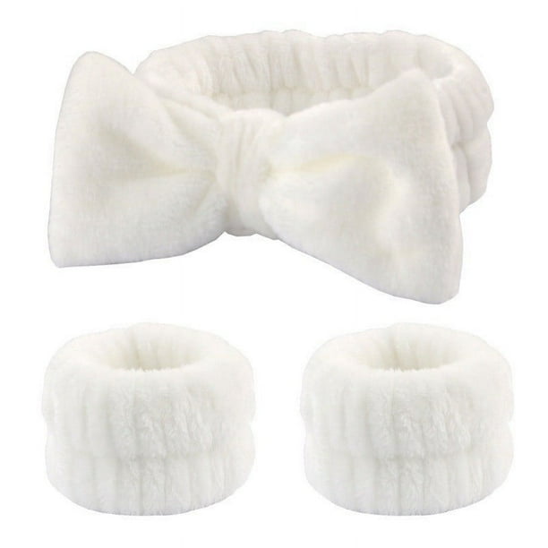 Zhuge Juego de 3 piezas de diademas de spa, muñequeras, puños para lavarse la cara para evitar derrames de líquidos, cintas para el cabello, muñequeras de toalla para mujeres (blanco)