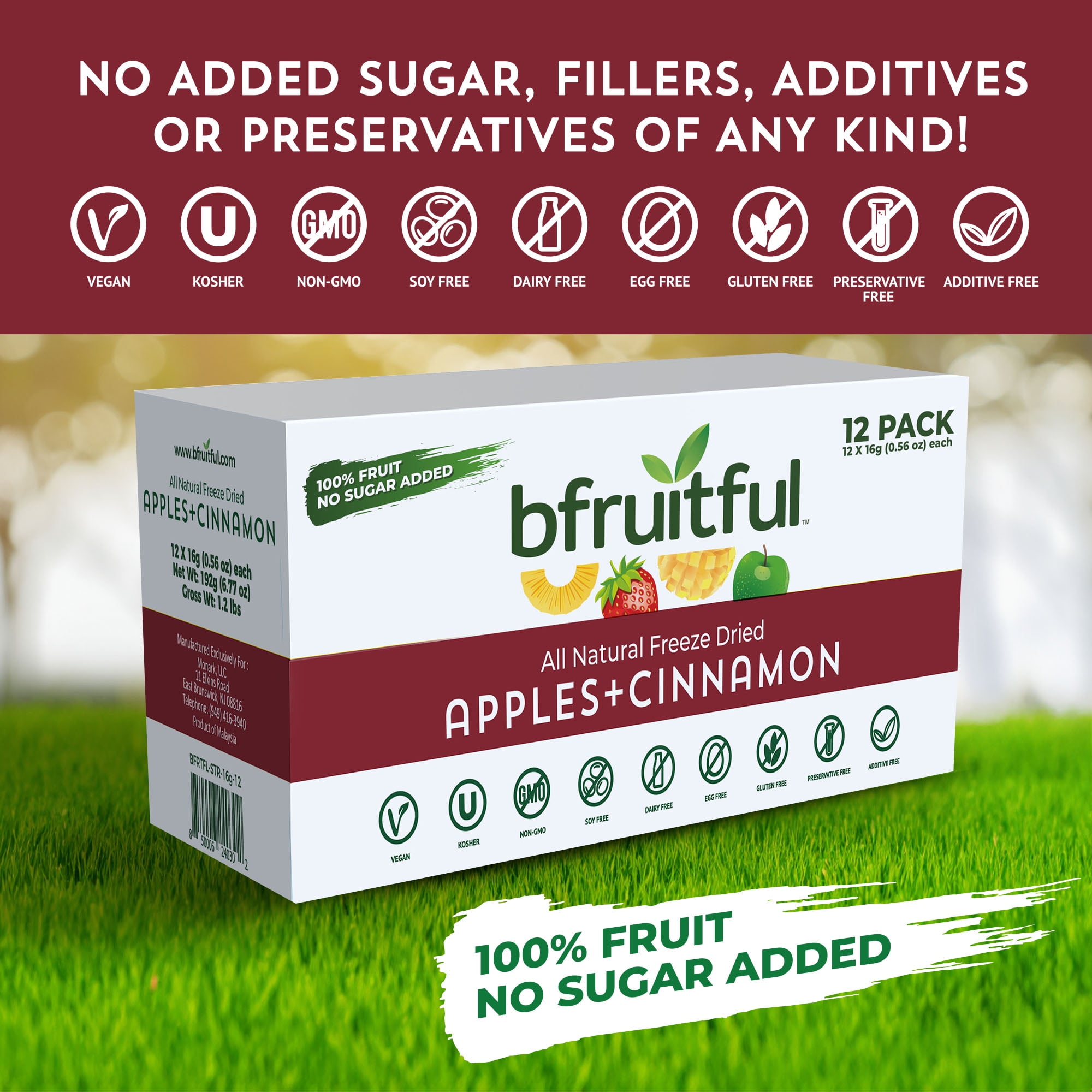 Bfruitful Freeze-Dried Red Apple with Cinnamon Dried Fruits, 12-Count Bags