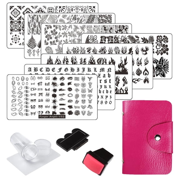 FingerAngel Juego de 13 placas para estampar uñas, 8 placas de estampación con 2 estampadores, 2 raspadores, 1 bolsa de almacenamiento, placa de estampado para uñas, juego de estampadores, hojas, flor