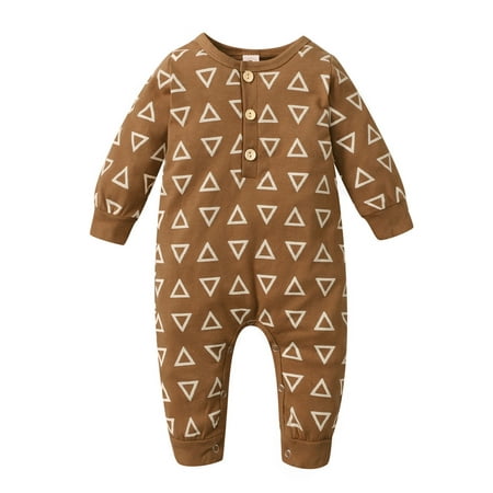 

Sunisery Infant Baby Boys Girls Jumpsuit Triangle Print Button Long Sleeve Romper Spring Fall Cotton Outfits Brown 6-9 Months