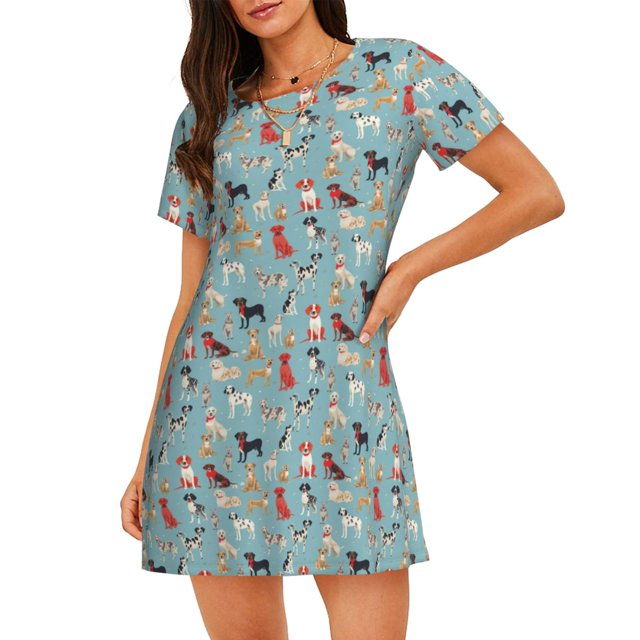 Fotbe Animal Dog Bata de Dormir para Mujer con Estampado, Camisón de Algodón de Manga Corta, Ropa de Dormir Casual