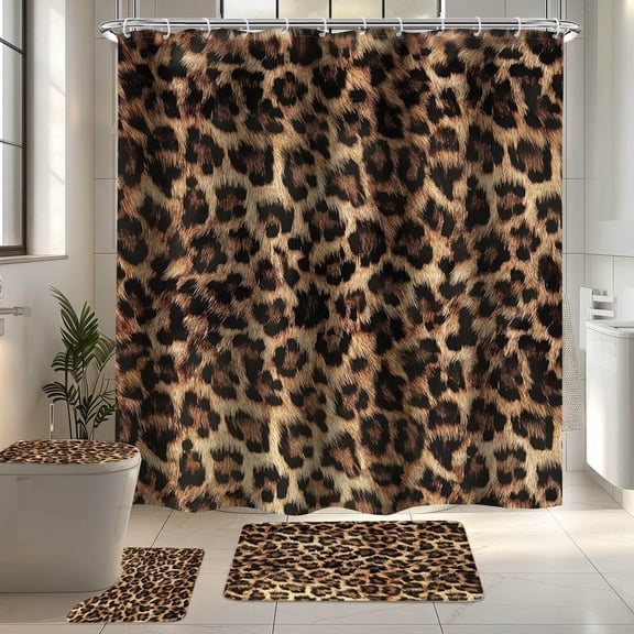 Leopard Print Bathroom Accessory Set 4-Piece 72"W x 72"L Shower Curtain with Rugs