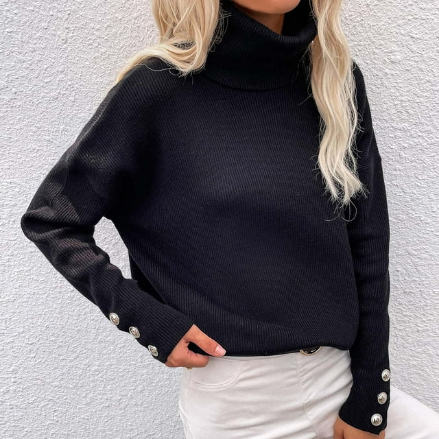 Dvkptbk Chandails pour Femmes Col Roulé Manches Longues Chandail Couleur Unie Haut Vêtements en Liquidation