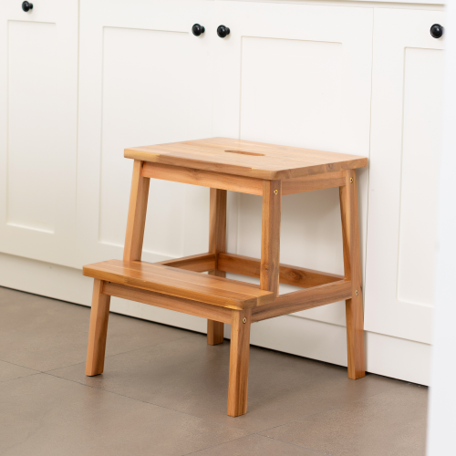 Rectangular step stool - solid acacia wood, two-layer design, saves kitchen/closet space