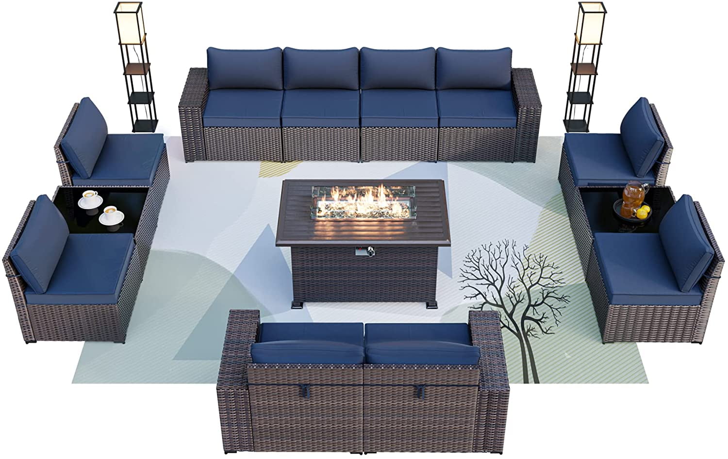 Gotland 13 Pieces Outdoor Patio Furniture Set with Propane 43" Fire Pit