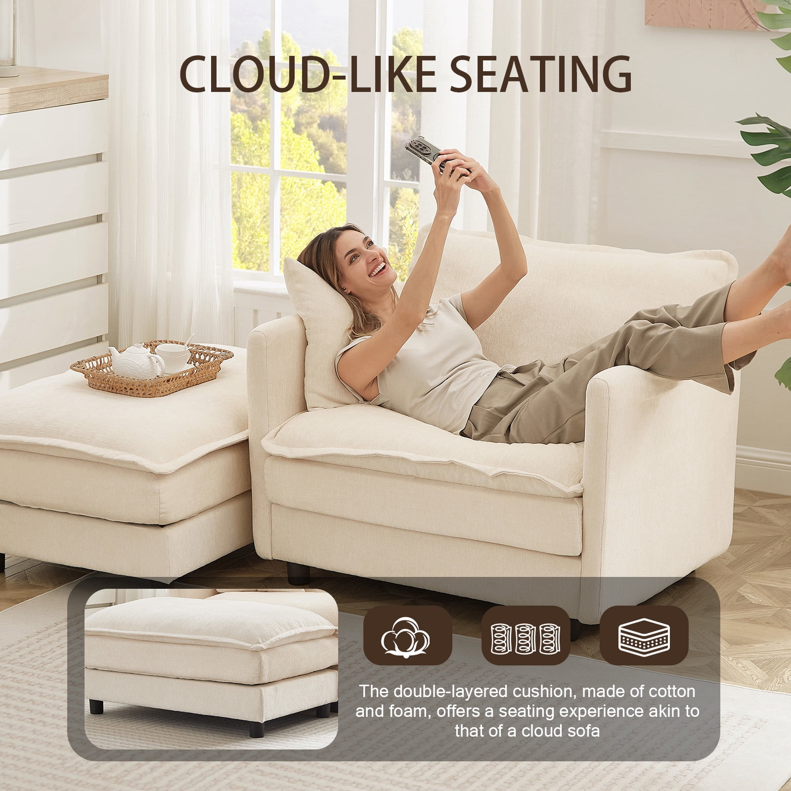 Muumblus Oversized Lounge Chair with Ottoman, Plush Cloud Accent Armchair for Living Room, Beige Chenille