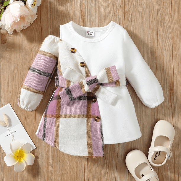 PatPat Vestido de manga larga con botones a cuadros y cinto para niñas bebé