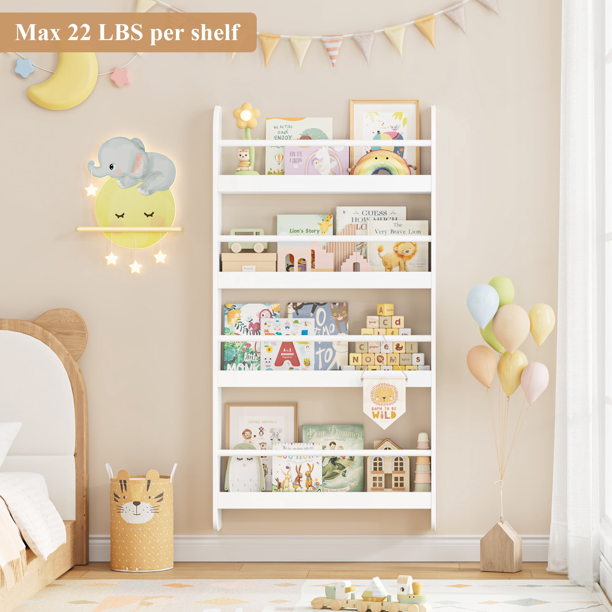 Homfa 4-Tier Wall Bookshelf, 44.5"H Wall-Mounted Kids Bookshelf, Book Storage Rack for Kids Room, White
