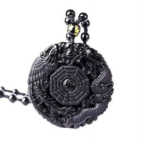 Lucky Obsidian Carving Pendant Yin Yang Dragon and Necklace N4 Phoenix FA Q7Z4